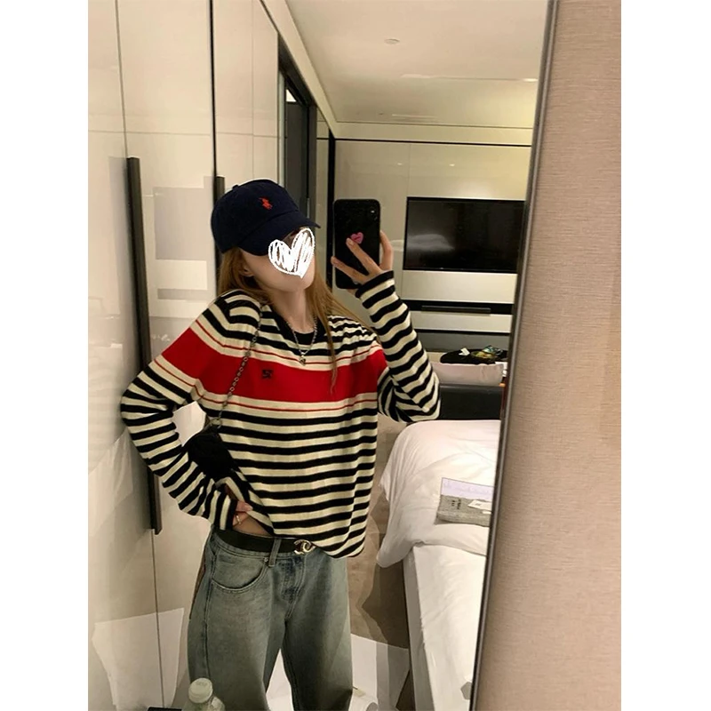 针织衫撞色宽松条纹毛衣网红洋气炸街女装秋季休闲显瘦圆领上衣