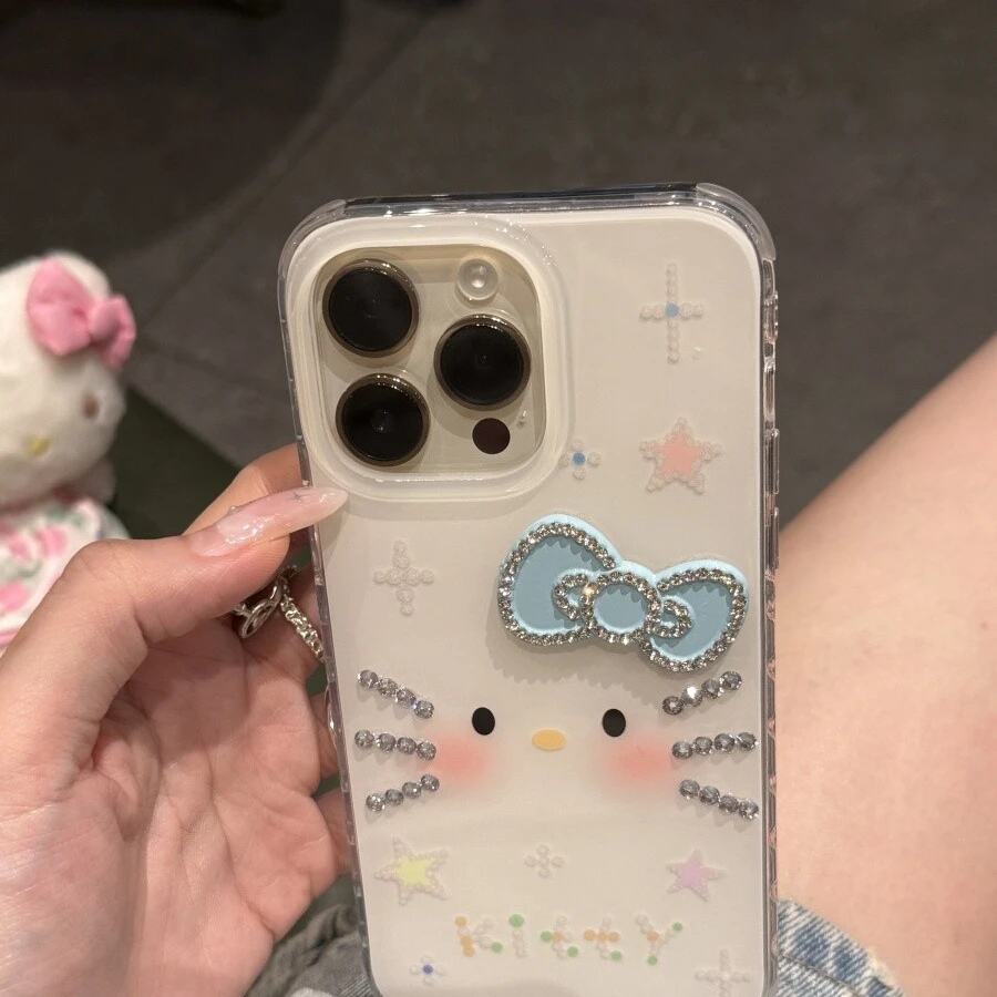 闪钻蝴蝶结腮红kitty适用iPhone16Promax手机壳苹果15白底14/13