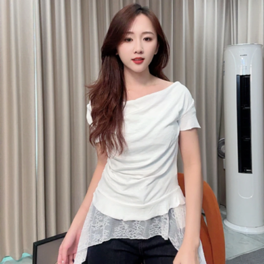 ［海南珍珍］夏季不规则蕾丝花边修身显瘦上衣16248