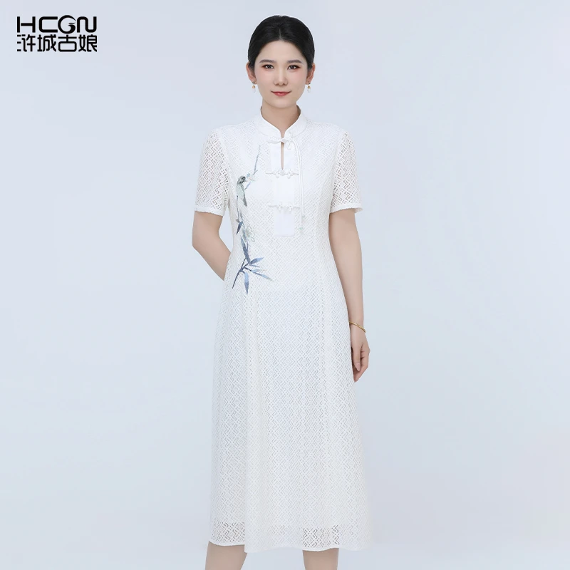 夏季新中式国风改良长款旗袍白色蕾丝收腰显瘦安然连衣裙BCL17970
