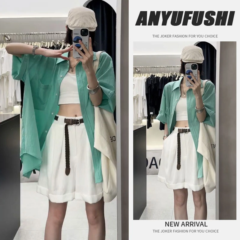 夏季穿搭一整套2025新款韩系宽松显瘦短袖衬衫休闲百搭短裤两件套