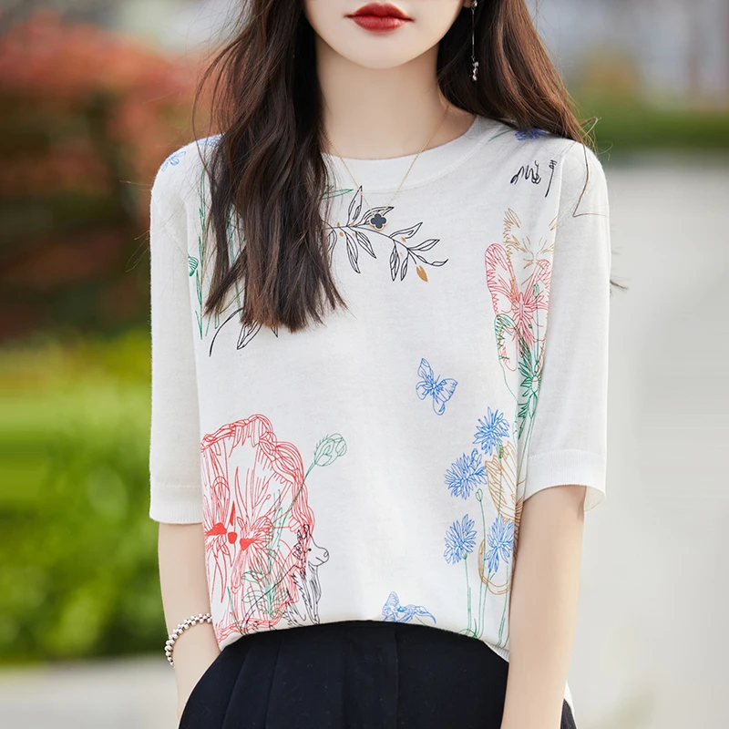 哥弟阿玛施正品海棠花印花短袖显瘦气质时尚百搭复古圆领洋气