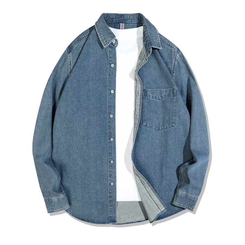 2025春季新款日系复古水洗牛仔衬衫男工装长袖衬衫外套上衣男休闲