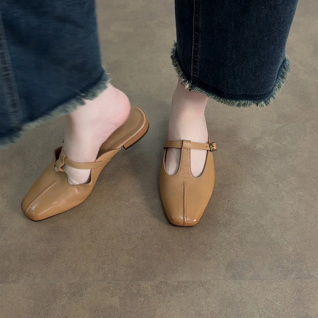 2cm/ED2210牛皮平底包头半拖鞋女夏季百搭外穿方头复古低跟凉拖