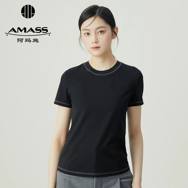 阿玛施AMASS时尚高端简约基础百搭缝线设计T恤女5301025+5301024
