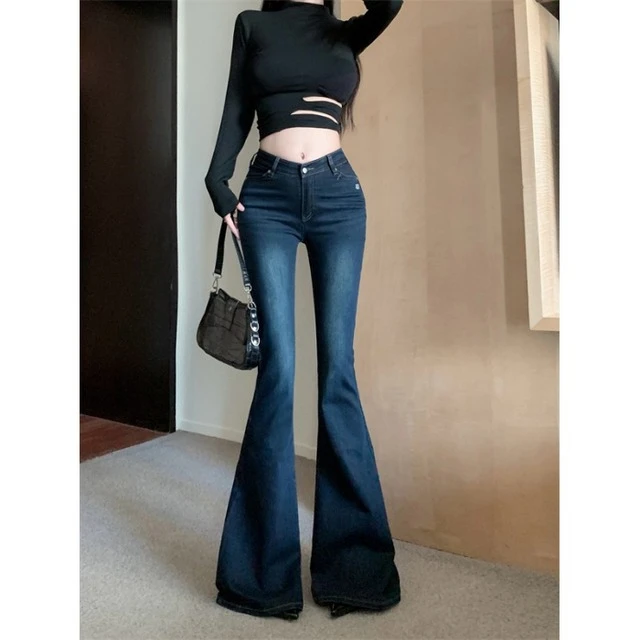 覆古蓝色微喇叭牛仔裤女夏季修身显瘦提臀裤高腰裤子拖地马蹄长裤