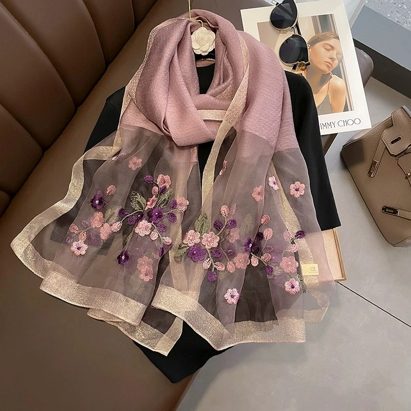 S-37-13紫色海棠花 桑蚕丝羊毛65x175左右围巾长巾 秋冬新款围巾