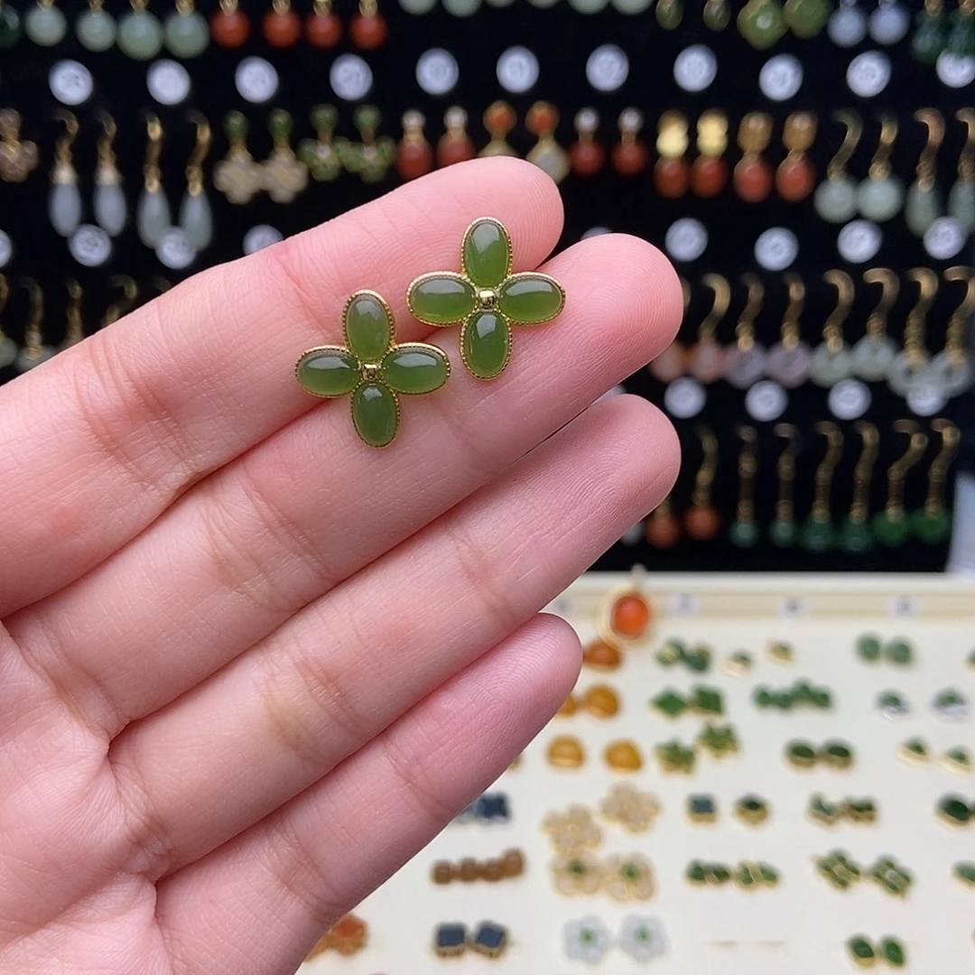 和田玉银S925镀金镶嵌耳饰