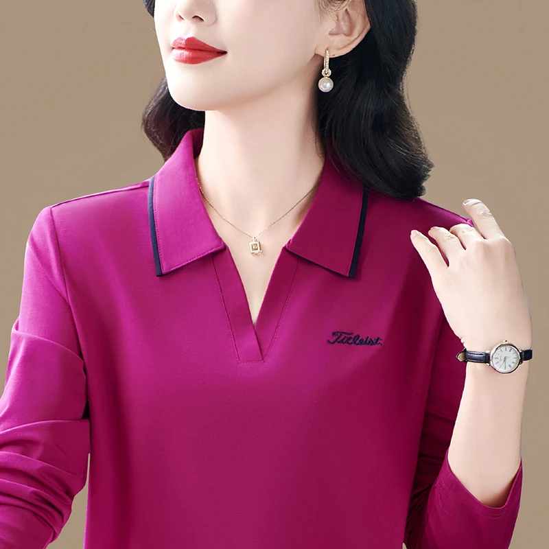 品牌妈妈长袖t恤女春秋装2025新款翻领洋气中年女气质薄款上衣