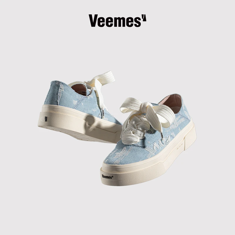 VEEMES秋季水洗提花牛仔布低帮帆布鞋百搭港风增高休闲鞋小众板鞋