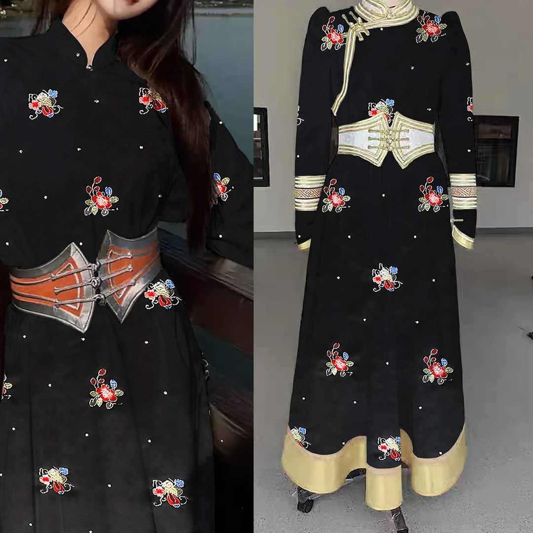 《XH-051》75锦纶绣花面料蒙古袍藏服唐装马甲博拉裙民族服布料