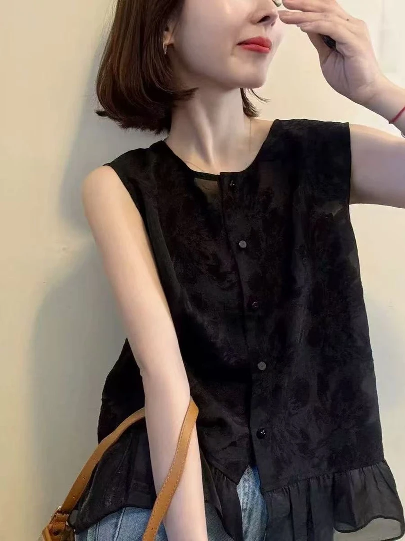 【夏日优选】夏季气质款百搭休闲显瘦纯色提花无袖衬衫女款上衣8526