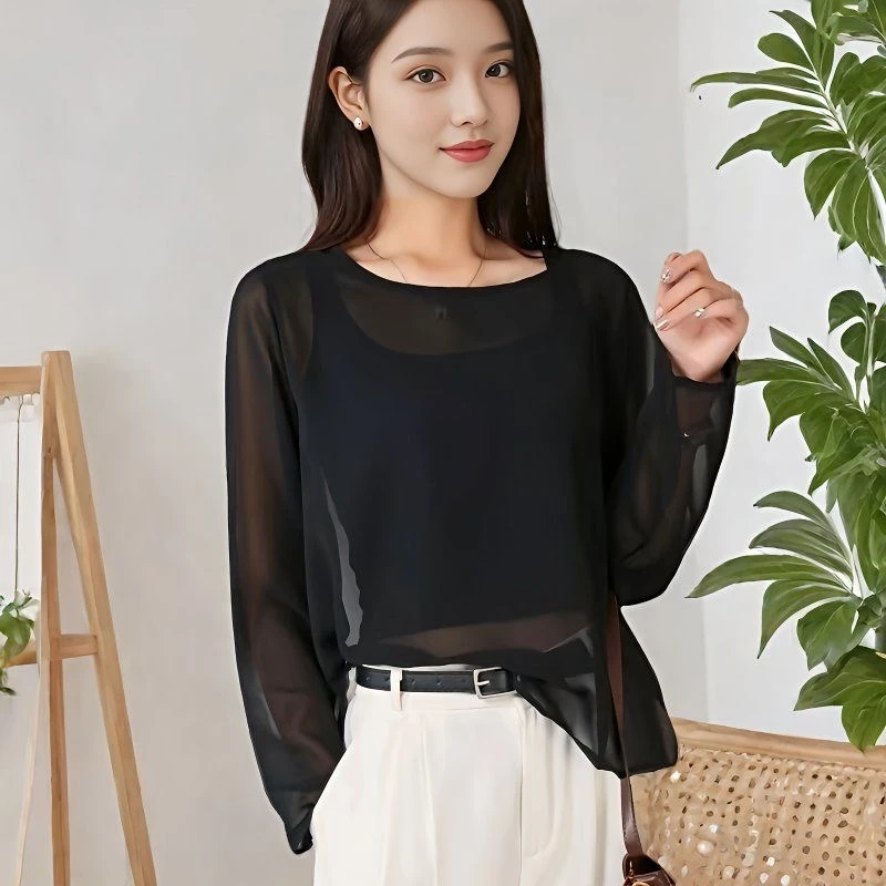 2025洋气显瘦新款上衣夏季搭配半裙长袖黑色薄款小衫百搭洋罩衫