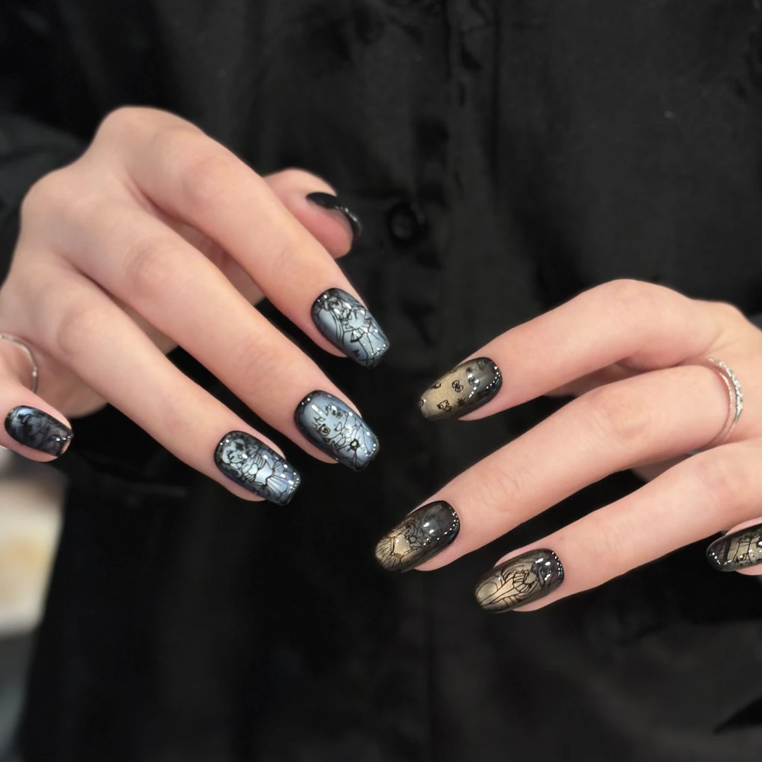 「S2029暗影美少女」AB卡通款玻璃珠猫眼纯手工穿戴甲 18种甲型定制