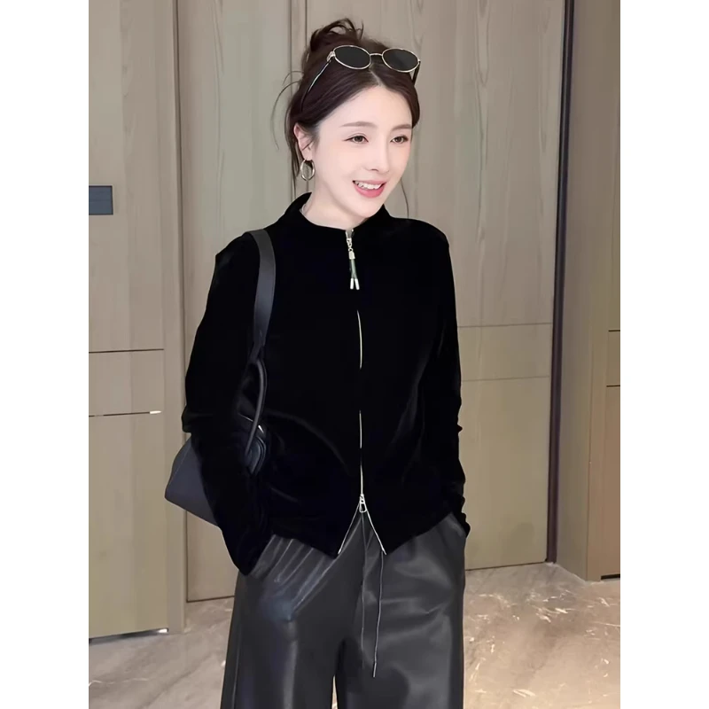 双拉链立领丝绒卫衣外套女2025新款秋季修身显瘦内搭外穿开衫上衣
