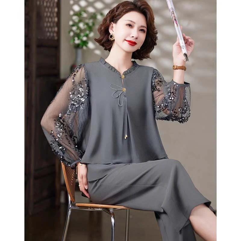 妈妈春款2025新款雪纺套装阔太太气质小衫中年女装夏季洋气两件套