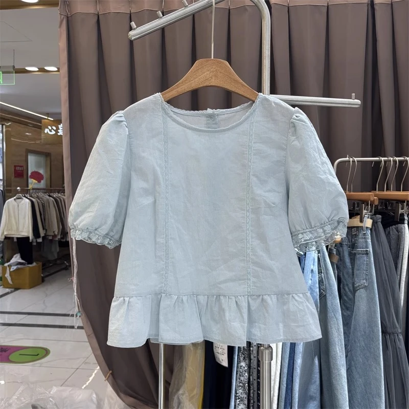1166夏装新款泡泡袖蕾丝拼接衬衫女法式甜美圆领宽松上衣小衫