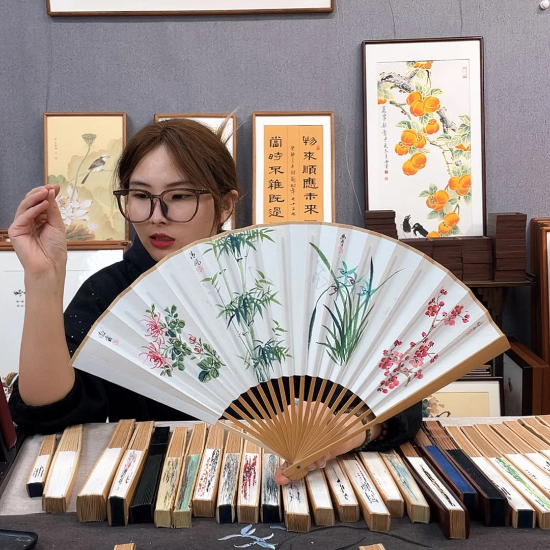 国画95寸玉竹-纯手绘-文玩扇骨（默认粘好）