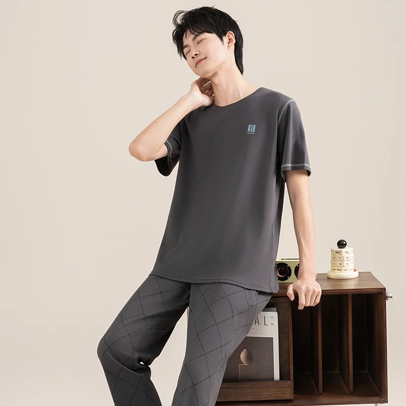 52217全棉家居服套装格子长裤睡衣短袖长裤纯棉男士春夏夏季薄款