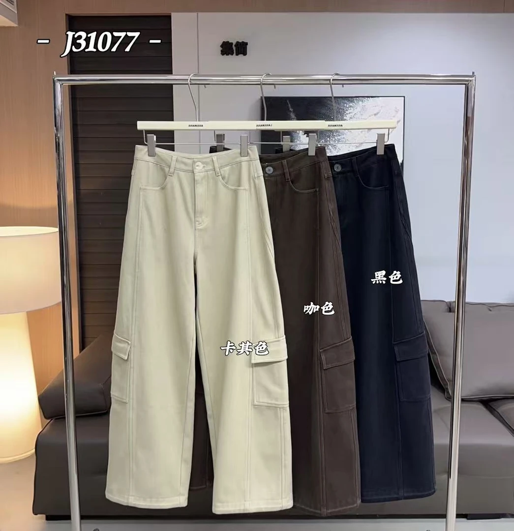 鑫燃KIKI 【口袋工装裤】重工洗水设计直筒显瘦工装裤 J31077 JJ