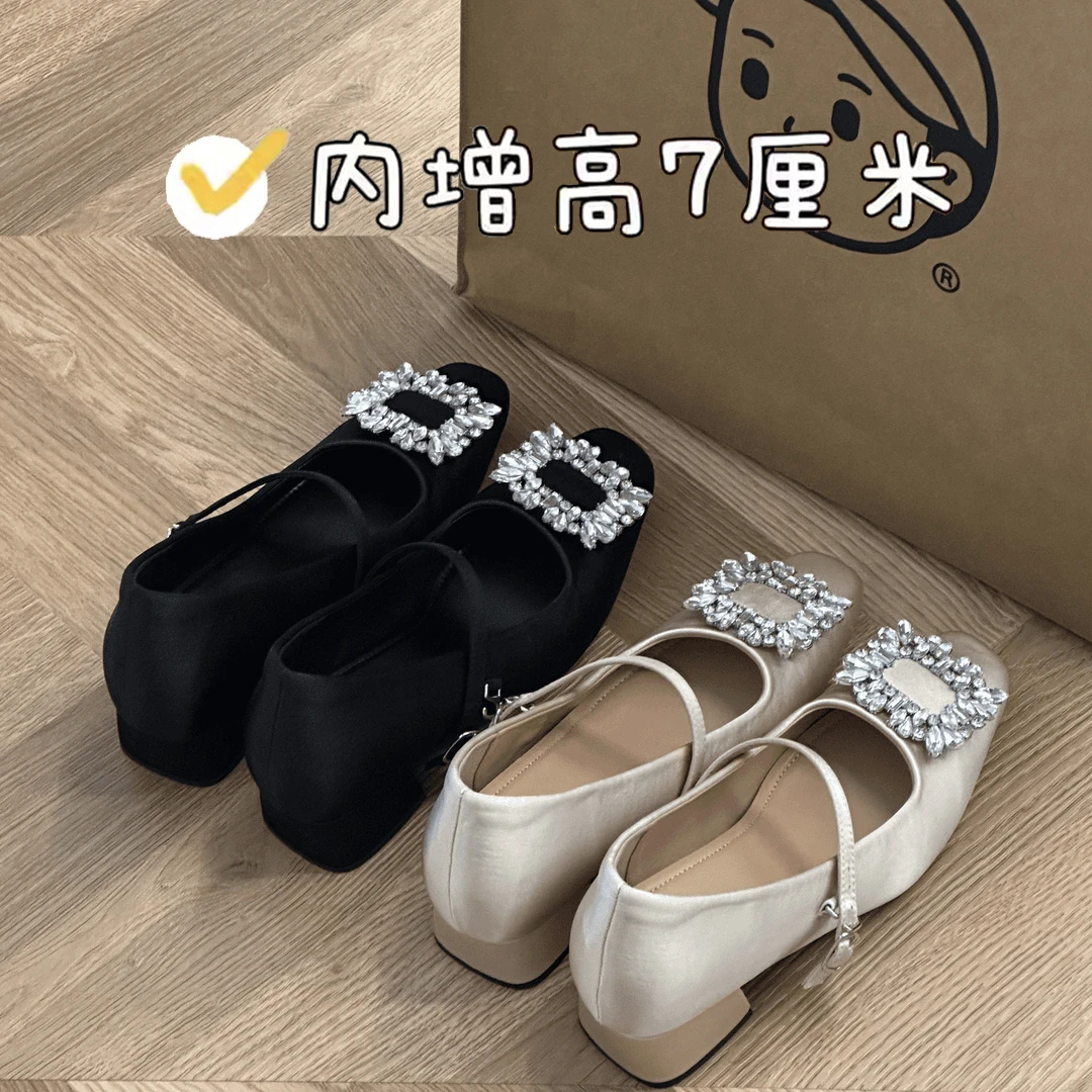 内增高跟鞋7cm粗跟法式水钻单鞋女春季新款显气质复古玛丽珍女鞋