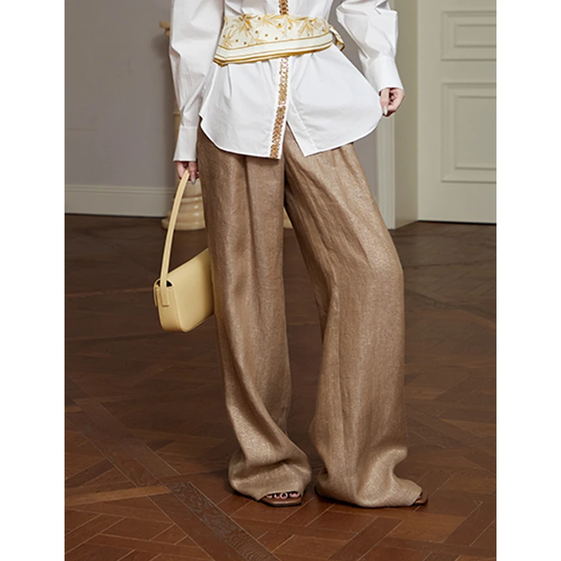 【晨粉专享价】艾米尔雅依 卡其色亚麻高腰百搭阔腿裤 Y511K1529