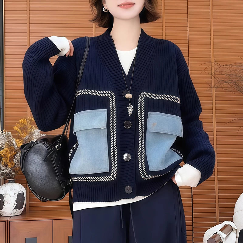 秋冬保暖棒球服时尚毛衣口袋拼接复古针织开衫小众炸街高级感女装