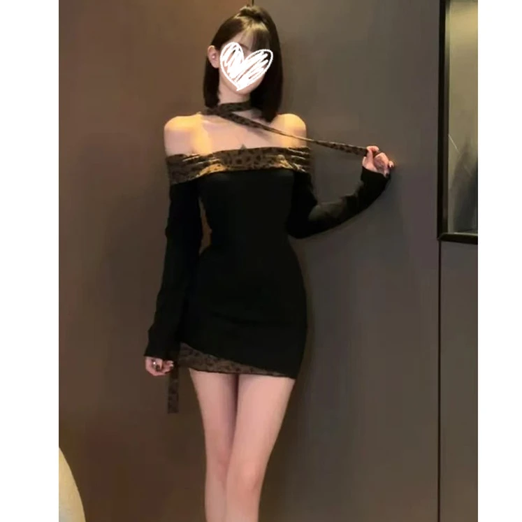 梦优莱美式性感纯欲辣妹风豹纹一字肩长袖连衣裙秋季新款修身裙子