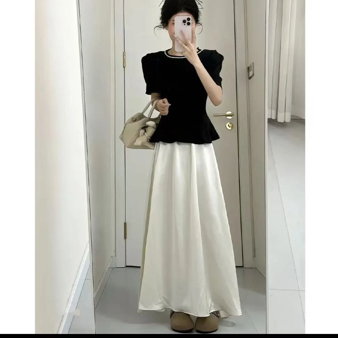 2025夏季新款法式气质轻奢穿搭小香风黑色修身上衣高腰半身裙套装