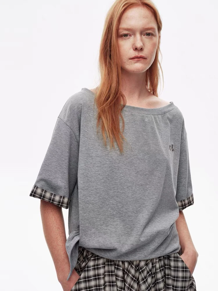 AVVENN2025夏季袖口格纹拼接可调节系带斜肩圆领短袖