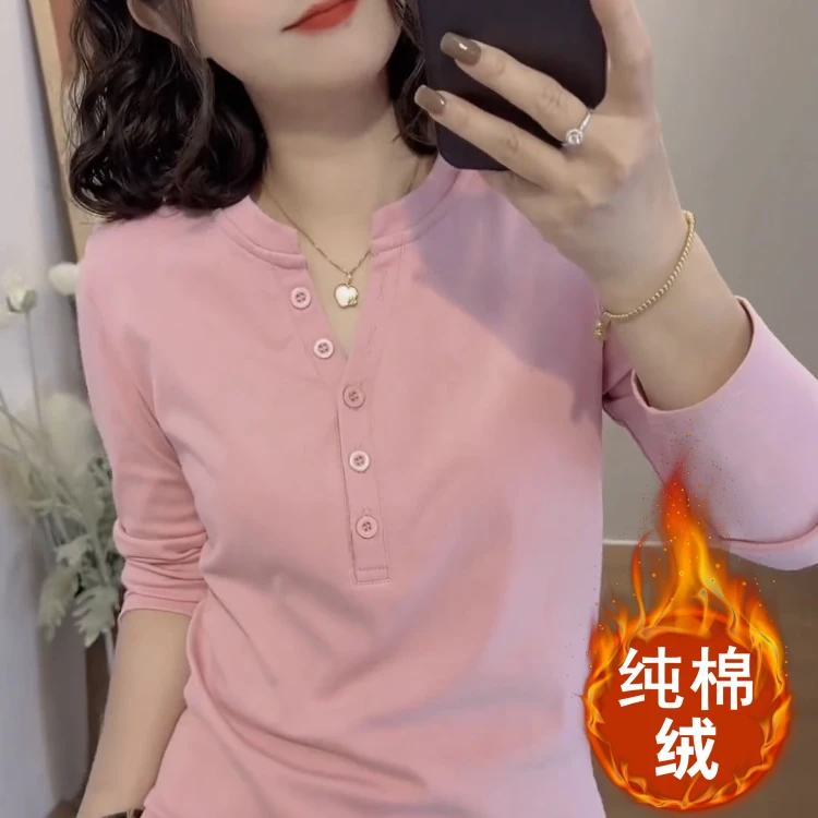 2025春秋新款玫红色长袖打底衫女显白大码简约宽松内搭加厚上衣潮