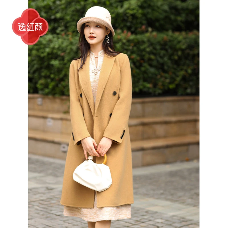 逸红颜若晖2025秋绵羊毛双面呢大衣V领双排扣外套女