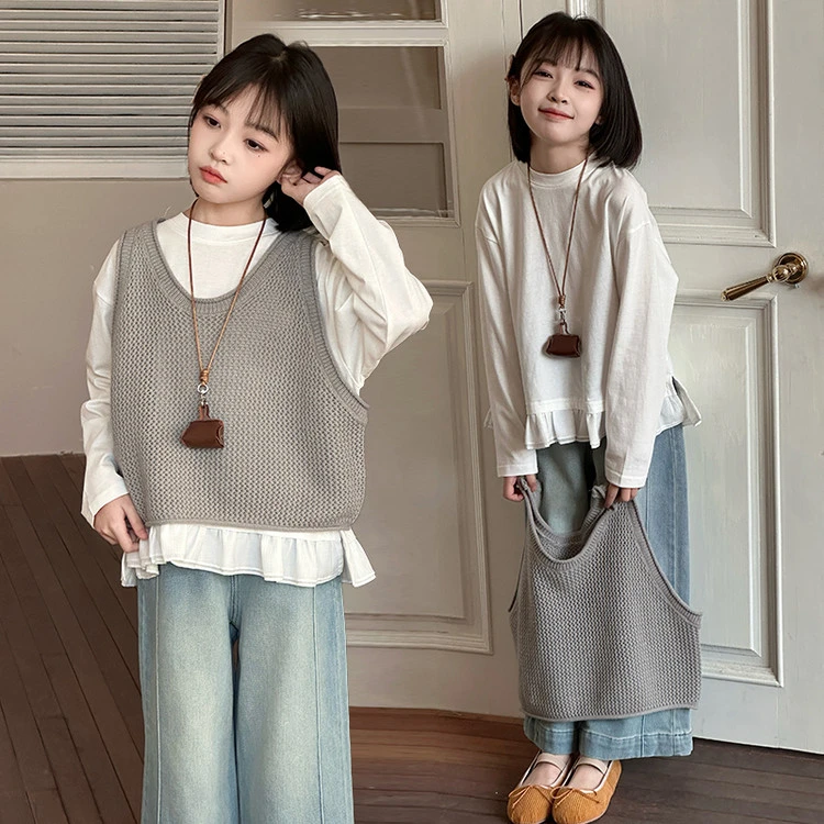 女童春秋新款套装2025休闲春季毛线马甲花边打底牛仔裤三件套