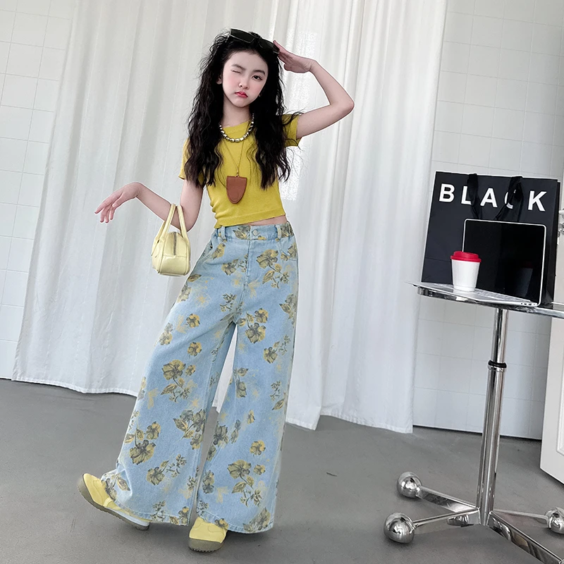 美式复古碎花阔腿牛仔裤2025夏季女童新款宽松百搭高腰拖地裤子