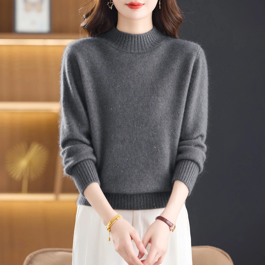 哥弟阿玛施正软糯亮片羊绒衫女半高领加厚保暖毛衣宽松上衣打底衫