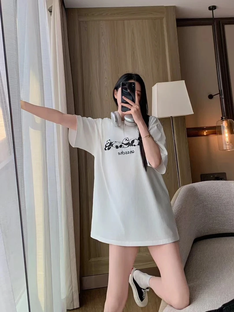 （南油娜姐）2025夏季新款：大G原创设计款钉珠可爱熊猫短袖T恤25230