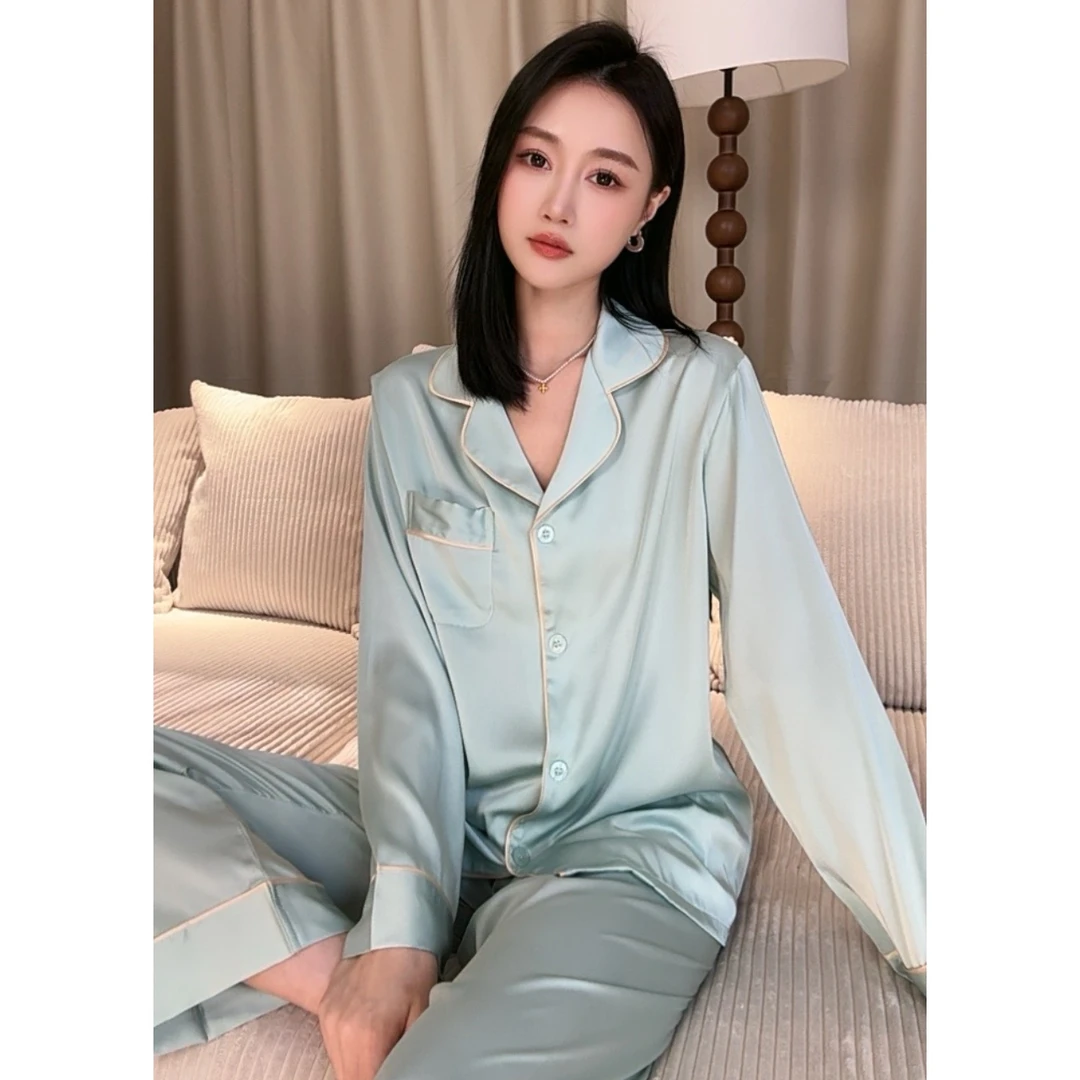 达芬奇密码2025新款睡衣男女同款果绿色两件套软丝薄款家居服套装