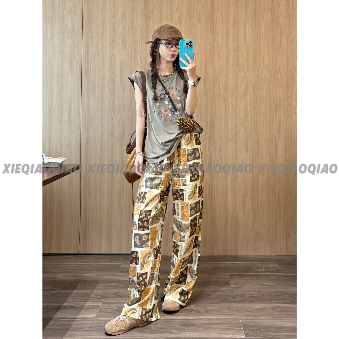 谢荞荞「拼拼腰果花」夏季莱赛尔亚麻复古印花弹力腰显瘦宽松休闲裤