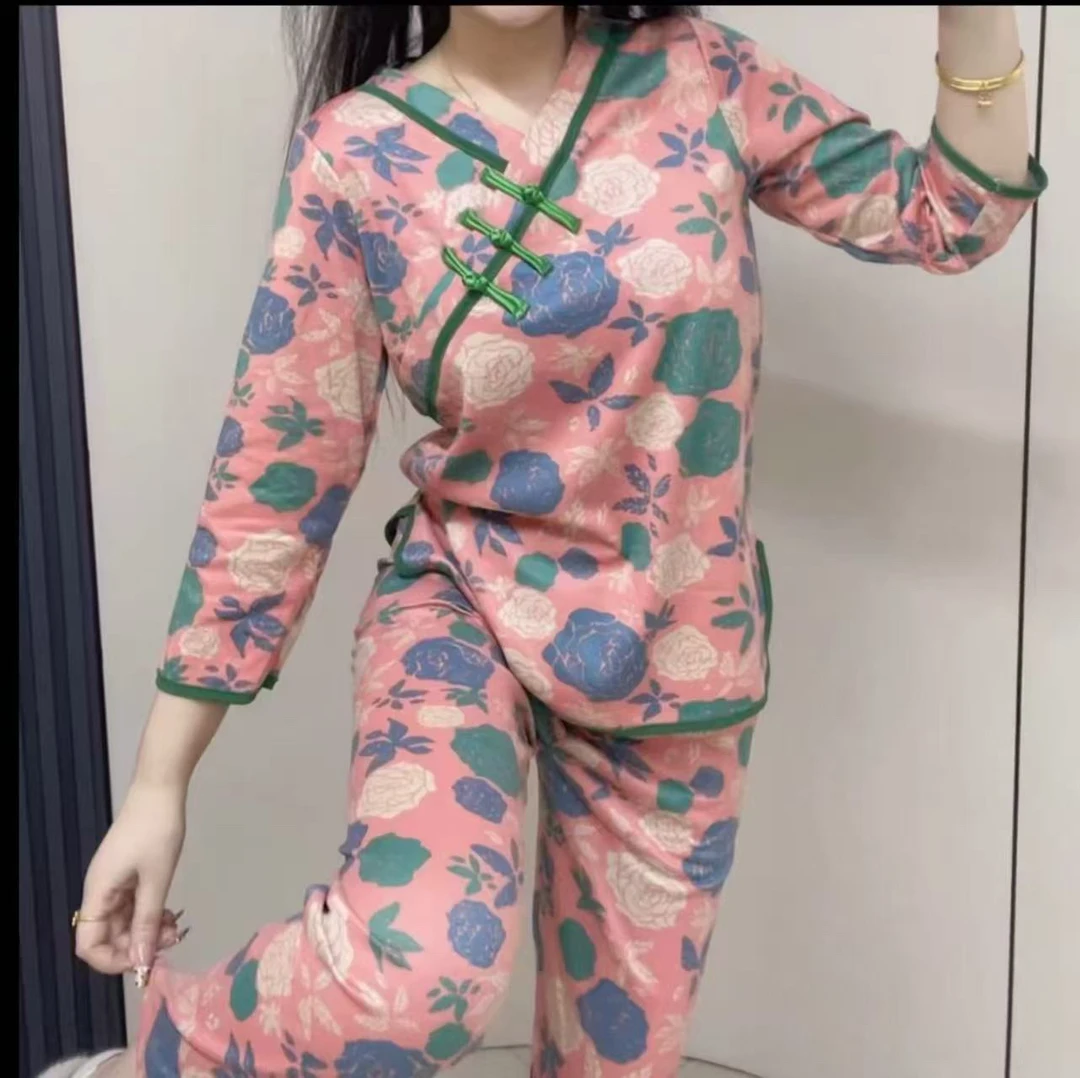 睡衣家居服套装梭织女女士气质上衣长袖印花秋冬国风春秋时尚
