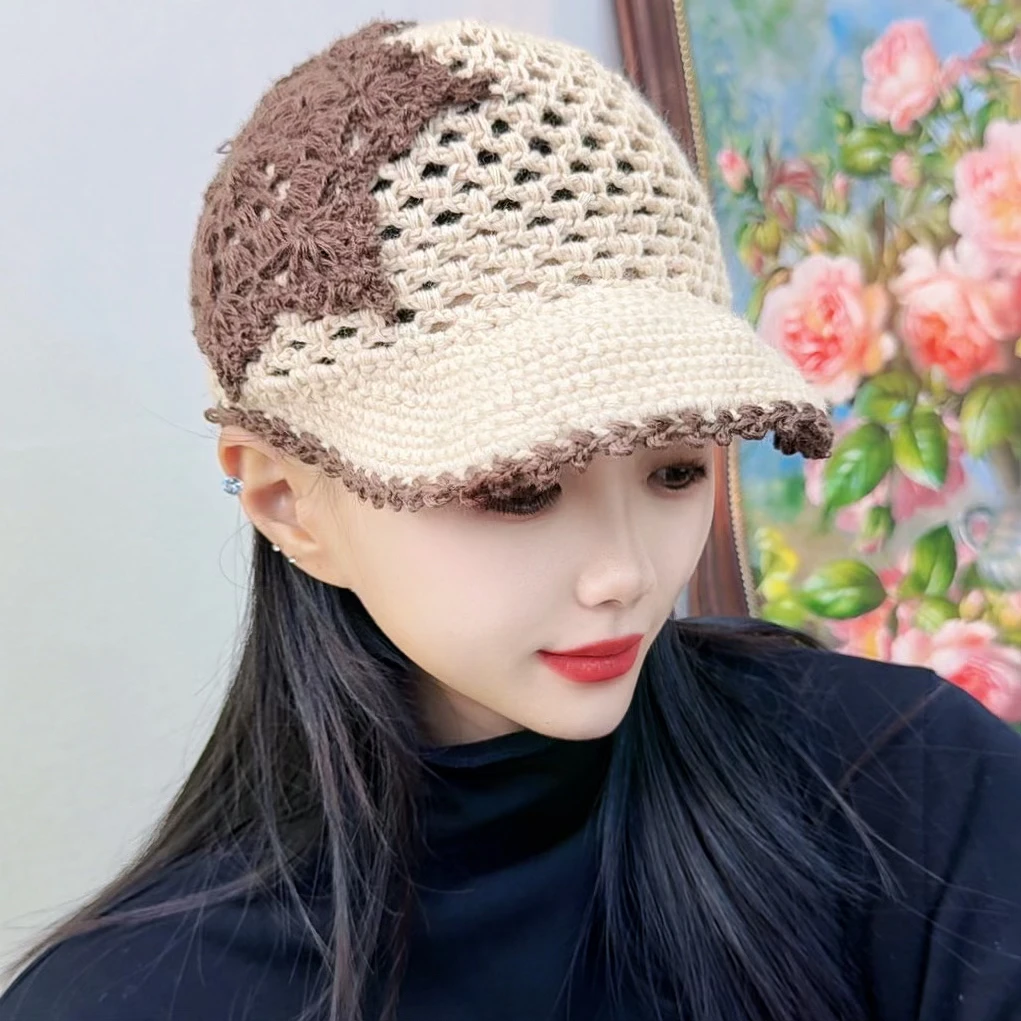 原创手工钩织双色钩织加檐毛线帽子鸭舌帽遮白发四季通用修饰脸