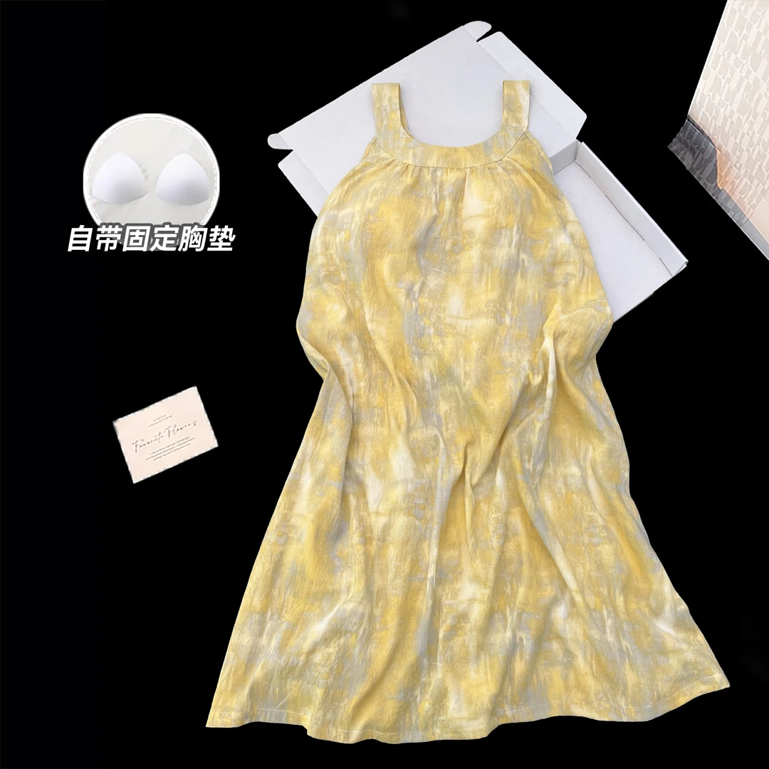 带胸垫夏季睡衣女新款夏天吊带无袖印花睡裙薄款甜美可外穿家居服