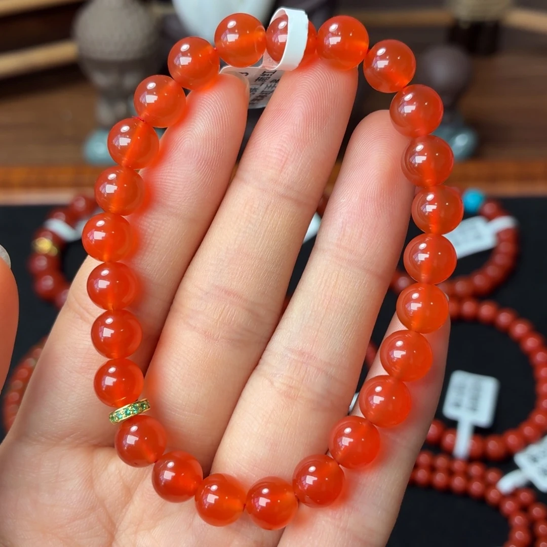 南红玛瑙18K金镶嵌手串保山原矿南红河湾冰红卡7+