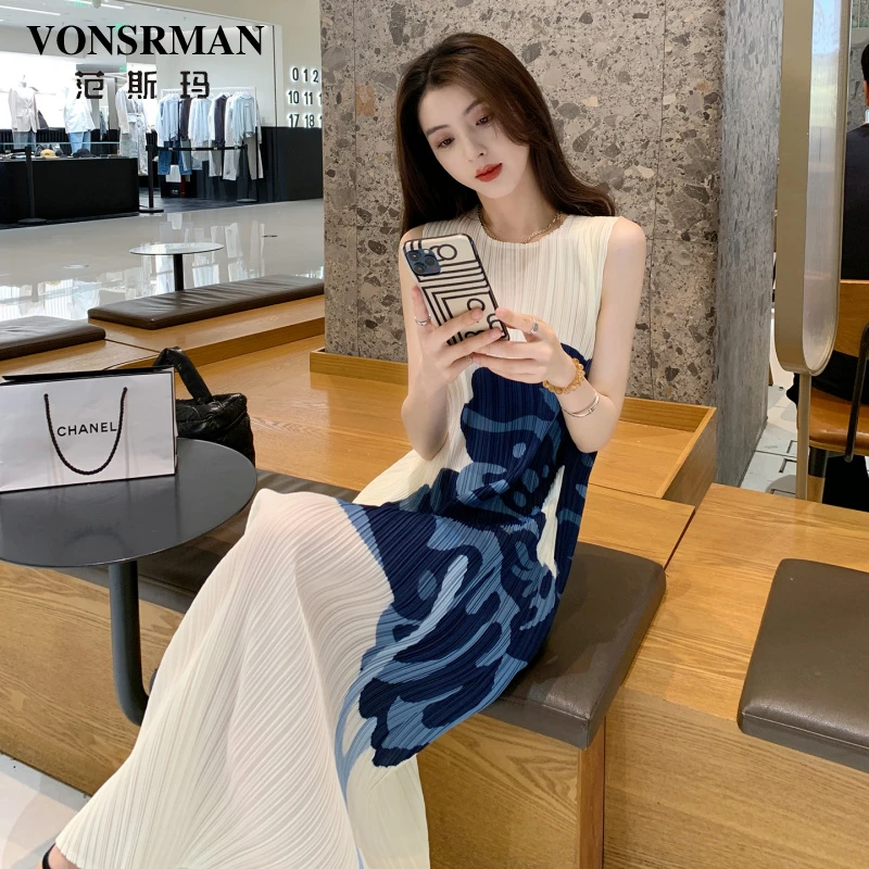 轻熟风气质无袖连衣裙女夏季2025新款设计感印花修身显瘦背心长裙