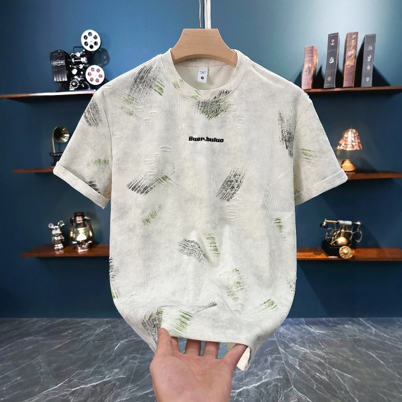重磅提花破洞潮牌短袖t恤男士夏季2025新款大码高端衣服上衣体恤