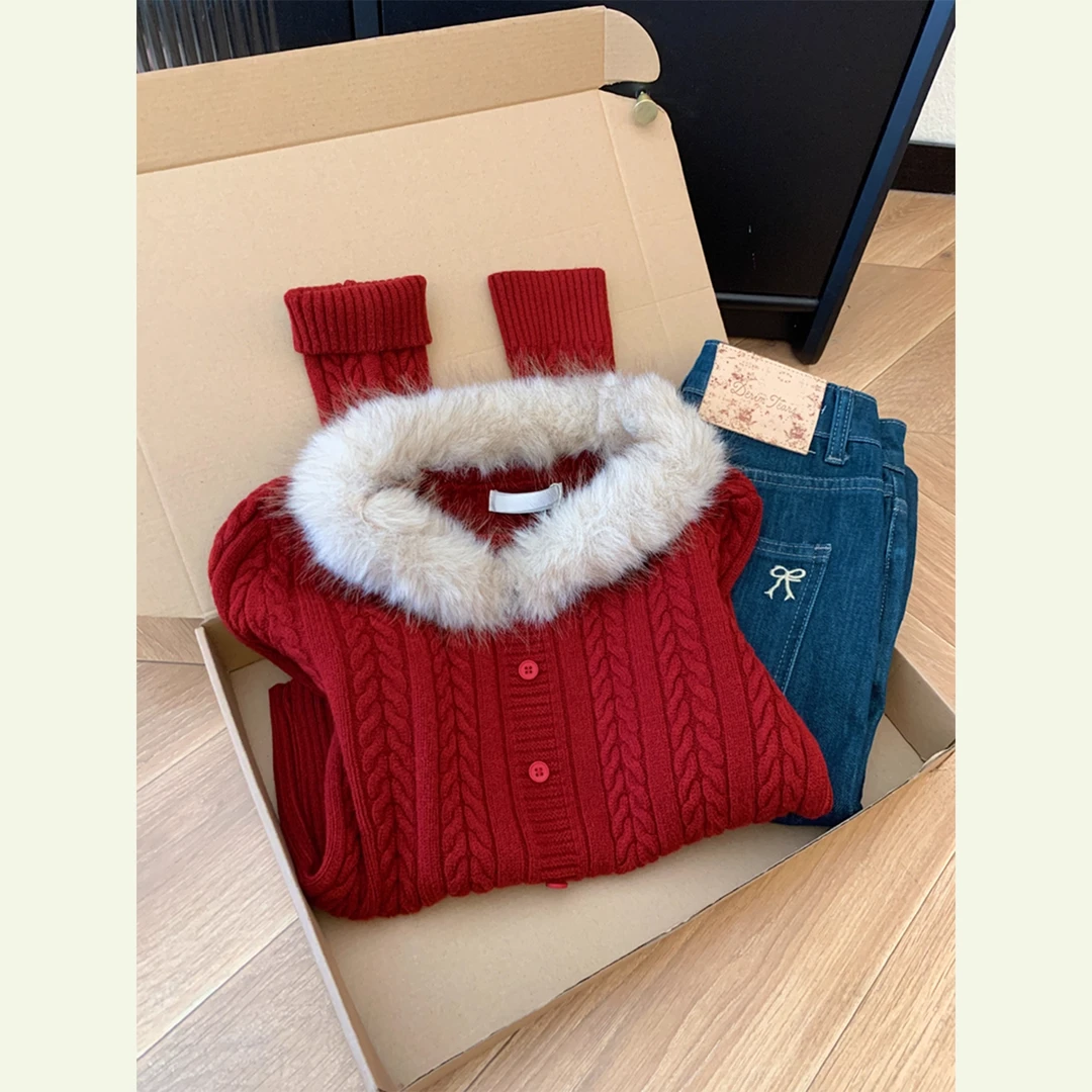 韩版软糯可拆卸毛领红色加厚针织衫毛衣女士短款可外穿内搭上衣冬