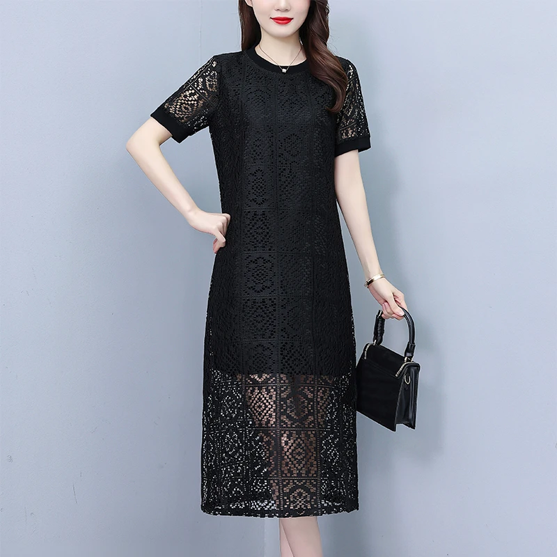 高级感时尚气质蕾丝大码连衣裙2025夏季女装新款洋气镂空宽松裙子