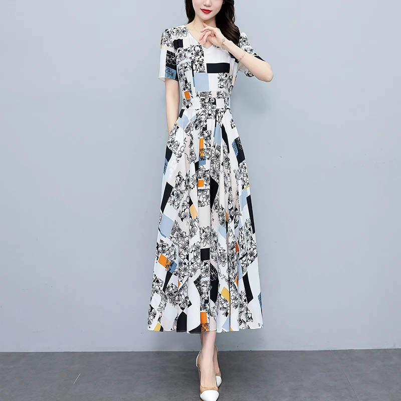 有口袋夏季新款雪纺碎花连衣裙大码胖mm妈妈长裙