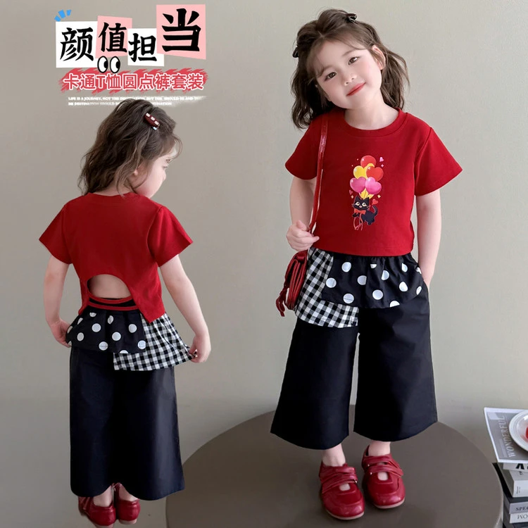 女童夏装套装2025新款儿童洋气时髦短袖T恤格子裤两件套宝宝衣服
