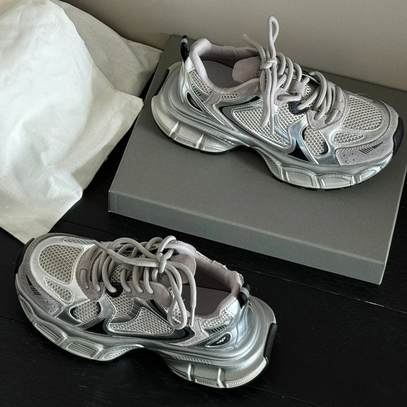 银色老爹鞋女2025夏季新款爆款厚底增高小众休闲鞋 6802