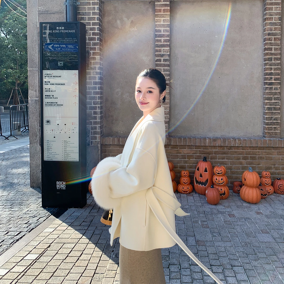 白色高级感双面羊绒大衣女新款韩系小个子袖口狐狸毛气质毛呢外套